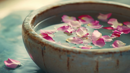 A serene bowl filled with delicate rose petals floating on water, creating a calming atmosphere perfect for relaxation and mindfulness in a natural setting.の素材