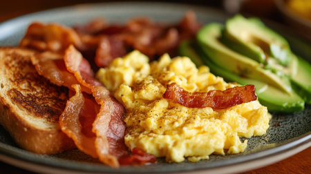 A mouthwatering breakfast plate showcasing fluffy scrambled eggs, crispy bacon, fresh avocado slices, and perfectly toasted bread, ideal for a hearty morning meal.の素材