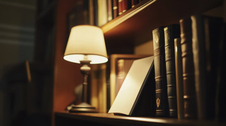A serene reading corner featuring a stylish lamp illuminating a collection of classic books on a polished wooden shelf, creating a perfect ambiance for relaxation and inspiration.の素材