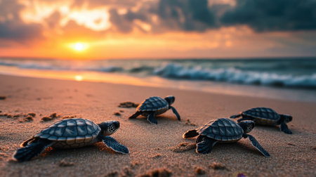 A heartwarming scene of baby turtles venturing towards the ocean at sunset, symbolizing the delicate balance of wildlife and the importance of marine conservation efforts.の素材
