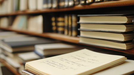 A peaceful library scene showcasing a collection of books and open notebooks on a wooden shelf, exuding warmth and inviting creativity for study or relaxation.の素材