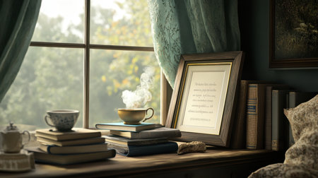 A serene reading nook featuring a cup of steaming tea, a stack of books, and framed art by a window, perfect for fostering relaxation and creativity in your personal space.の素材