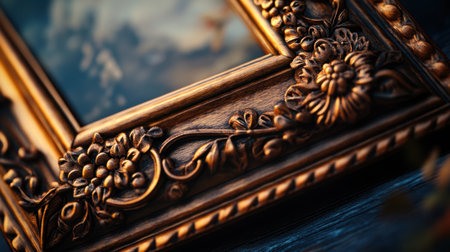 Close-up view of an intricately carved antique wooden picture frame showcasing elegant floral designs, perfect for enhancing vintage decor and photography.の素材
