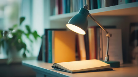 A serene desk setup features an open book illuminated by a warm lamp, surrounded by books and green plants, creating a tranquil reading environment perfect for relaxation and inspiration.の素材