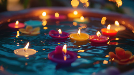 Colorful floating candles create a serene and peaceful atmosphere in tranquil water, enhancing any celebration or meditation with their warm glow and reflective beauty.の素材