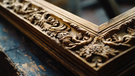Close-up shot of an ornate wooden picture frame featuring intricate carvings and a vintage texture, perfect for enhancing home dの素材