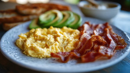 A visually appealing breakfast plate featuring creamy scrambled eggs, crispy bacon, fresh avocado slices, and toasted bread, perfect for a hearty morning meal.の素材