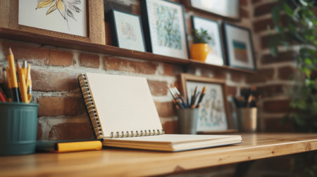 A cozy workspace featuring a notepad and art supplies placed on a wooden desk, complemented by framed artwork and lush greenery, ideal for inspiration and creativity.の素材
