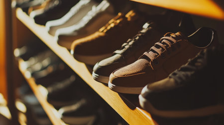A well-lit display of assorted shoes arranged on wooden shelves, highlighting a blend of styles for casual and sporty use, creating an inviting shopping atmosphere.の素材