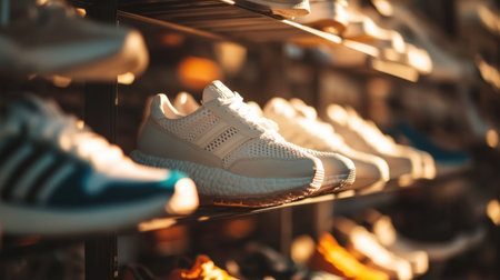 A captivating view of a shoe store shelf filled with various athletic footwear, illuminated by warm light, displaying modern designs and textures perfect for any sports enthusiast.の素材