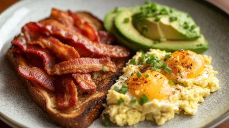 A vibrant breakfast plate featuring crispy bacon, creamy avocado, and perfectly scrambled eggs, garnished with chives, ideal for food lovers and culinary enthusiasts.の素材