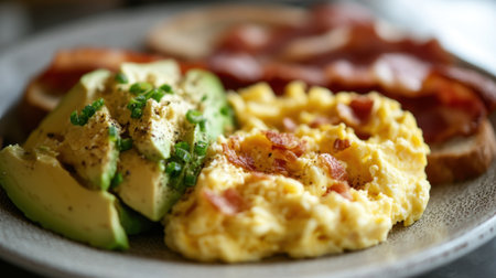 A captivating breakfast scene featuring fluffy scrambled eggs, creamy avocado slices, crispy bacon, and toasted bread, creating a perfect start to a delightful day.の素材