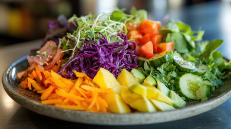A vibrant and fresh salad bowl filled with an array of colorful vegetables and fruits, perfect for promoting healthy eating and showcasing culinary creativity in dining experiences.の素材