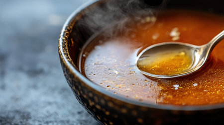 A steaming bowl of hot sweet sauce glistens with golden hues, inviting culinary creativity. Perfect for enhancing meals or as a dipping sauce to elevate flavors.の素材