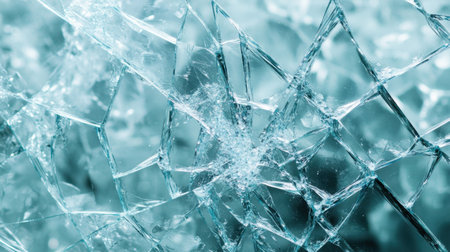 This image displays a close-up view of shattered glass, featuring intricate cracks and captivating reflections in shades of blue, perfect for abstract and artistic projects.の素材