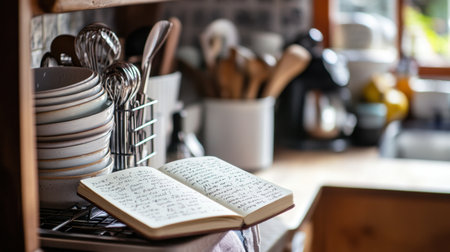 A beautifully arranged kitchen scene featuring an open recipe book, neatly stacked dishes, and various cooking utensils bathed in soft natural light, inviting culinary creativity.の素材