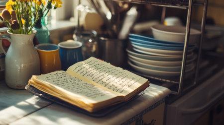 A warm and inviting kitchen setting featuring an open cookbook, vibrant flowers, and colorful dishes, capturing the essence of home cooking and culinary creativity.の素材