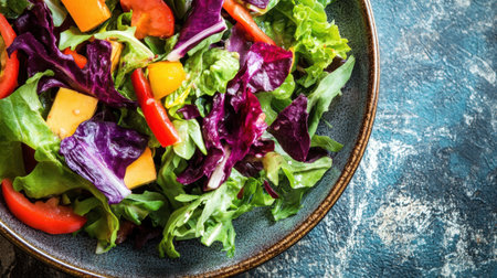 A vibrant salad filled with mixed greens, sliced bell peppers, and cheese presented in a rustic bowl, perfect for promoting healthy eating and vibrant meal ideas.の素材