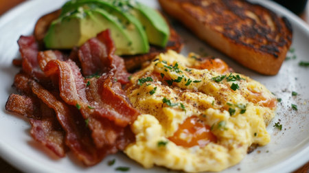 A vibrant breakfast plate featuring fluffy scrambled eggs, crispy bacon, fresh avocado slices, and toasted bread, garnished with herbs for a delightful morning experience.の素材