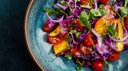 A stunning vegetable salad featuring colorful tomatoes, vibrant red cabbage, and fresh greens served in an artistic bowl, perfect for promoting healthy eating and creative cooking.の素材