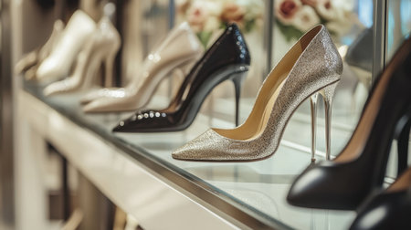 A stunning collection of high heel shoes arranged elegantly in a boutique, featuring various styles and materials that highlight modern fashion and luxury aesthetics.の素材