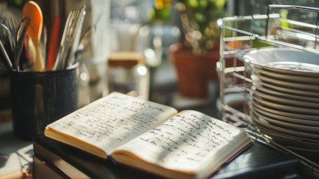 A warm and inviting kitchen scene featuring an open notebook filled with handwritten notes, surrounded by cooking utensils and bright natural light.の素材