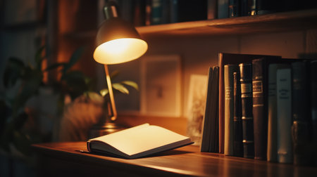 A warm and inviting study space featuring an open book under a desk lamp, surrounded by shelves filled with various literary works, ideal for reading or studying peacefully.の素材