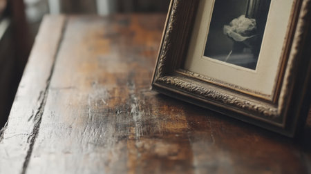 A vintage frame holds a black and white photograph, resting on a rustic wooden table, illuminated by soft natural light, creating a warm and inviting atmosphere for home decor ideas.の素材