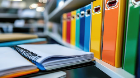 A vibrant display of colorful folders arranged on a shelf beside an open notebook, inviting creativity and organization in a modern office environment.の素材