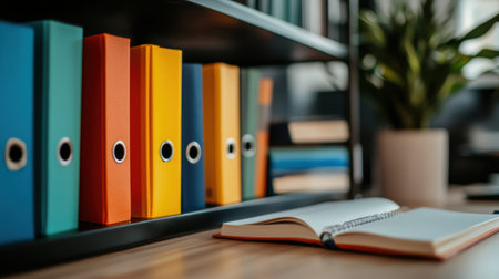 A vibrant office scene featuring colorful folders on a shelf, an open notebook on a wooden desk, and a plant in the background, perfect for showcasing creative organization in workspaces.の素材