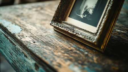 A close-up view of a vintage picture frame resting on a rustic wooden table, showcasing the aged texture and inviting warmth of a homely space filled with cherished memories.の素材