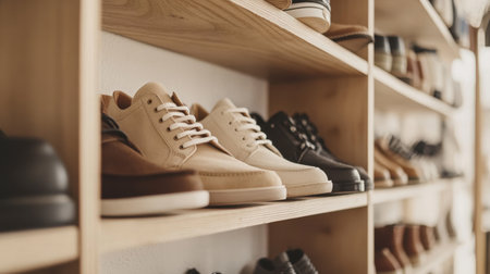 A stylish display of various shoes on wooden shelves in a contemporary store, showcasing unique designs and textures in an inviting retail environment.の素材