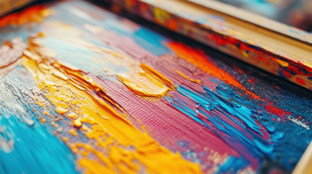 Close-up view of an abstract oil painting capturing the dynamic textures and bright colors, providing a vivid representation of creative expression on canvas.の素材