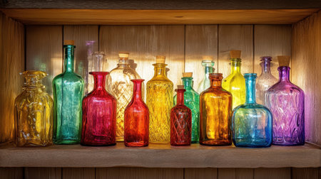 A stunning display of assorted colorful glass bottles on a wooden shelf, illuminated by natural light, showcasing unique shapes and vibrant hues perfect for decorative inspiration.の素材