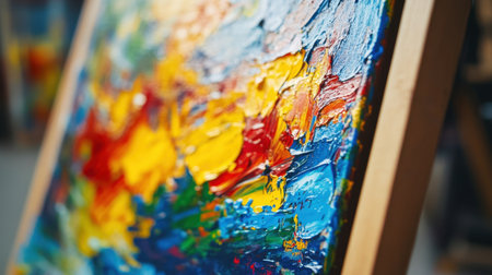 A close-up view of an abstract painting showcases vibrant colors and dynamic brushstrokes, highlighting the artist's unique style and creative expression.の素材