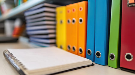 A vibrant display of binders in various colors alongside a blank spiral notebook, perfect for illustrating organization, study, and creative workspace themes. Ideal for educational and business contexts.の素材