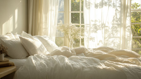 A serene bedroom scene showcasing soft, white linens bathed in warm sunlight, with sheer curtains swaying gently, enhancing the inviting atmosphere of the space.の素材