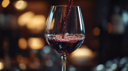 A close-up of rich red wine pouring into a sleek glass, creating an inviting atmosphere. Perfect for settings involving dining, celebration, and gourmet experiences.の素材