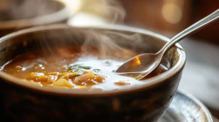 A detailed close-up of a delicious bowl of soup, featuring vibrant vegetables and steaming broth, ideal for conveying warmth and comfort in culinary settings.の素材