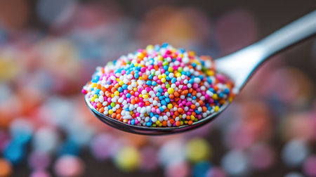 A close-up image of colorful sprinkles on a silver spoon, showcasing a vibrant mixture of tiny decorative elements perfect for baking and celebrating special occasions.の素材