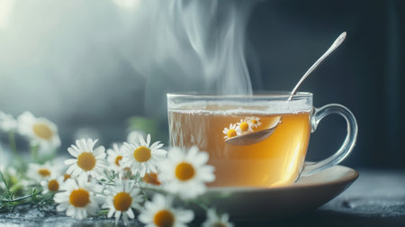 A serene image of herbal tea in a glass cup adorned with delicate daisies, surrounded by fresh flowers, creating a tranquil and inviting atmosphere perfect for relaxation.の素材