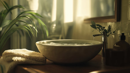 A calming bathroom scene featuring a stylish bowl sink with water gently flowing. Soft lighting creates a tranquil atmosphere enhanced by natural elements and subtle decor.の素材