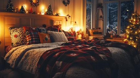 Experience the warmth of a beautifully decorated bedroom, featuring cozy textiles, soft lighting, and delightful holiday accents for a serene winter escape.の素材