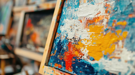 A striking close-up of a colorful abstract oil painting emphasizes the texture and vivid colors, showcasing the artistic process in a creative studio environment.の素材