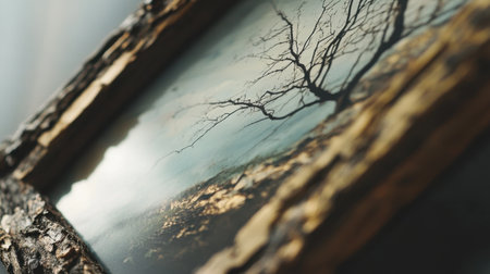 This artistic close-up showcases a stunning landscape photograph featuring a silhouette of a tree against a dreamy sky, emphasizing the textured wooden frame and a serene atmosphere.の素材
