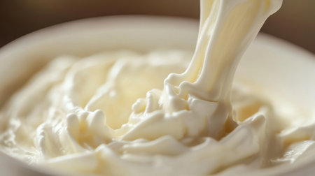 A close-up image of a creamy, freshly made culinary sauce showcasing a whipped texture, perfect for enhancing the flavor of various dishes and culinary creations.の素材