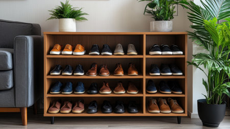 A neatly arranged shoe rack showcasing a variety of footwear in a modern living area, complemented by vibrant indoor plants and cozy furnishings, creating an inviting atmosphere.の素材