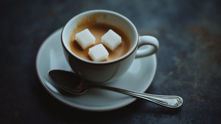 A cozy cup of warm coffee rests elegantly on a saucer, adorned with three sugar cubes, evoking a sense of comfort and inviting warmth for any occasion.の素材