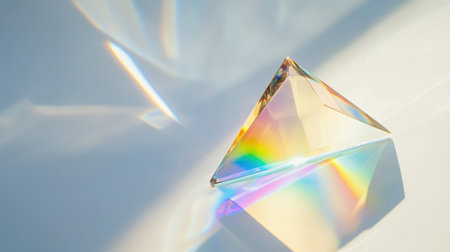 A stunning crystal prism positioned on a white background, creating colorful reflections and showcasing the beauty of light refraction in a minimalist setting.の素材