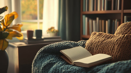 A cozy reading nook featuring an open notebook on a soft blanket, with natural light streaming through the window, perfect for creative moments and relaxation.の素材